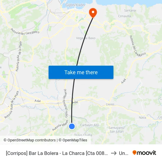 [Corripos]  Bar La Bolera - La Charca [Cta 00874] to Uned map