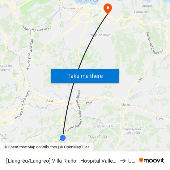 [Llangréu/Langreo]  Villa-Riaño - Hospital Valle Del Nalón [Cta 01251] to Uned map
