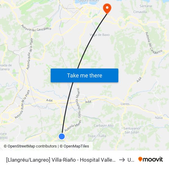 [Llangréu/Langreo]  Villa-Riaño - Hospital Valle Del Nalón [Cta 01296] to Uned map
