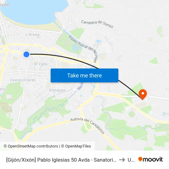 [Gijón/Xixón]  Pablo Iglesias 50 Avda - Sanatorio El Carmen [Cta 01558] to Uned map