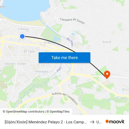 [Gijón/Xixón]  Menéndez Pelayo 2 - Los Campos [Cta 01559] to Uned map