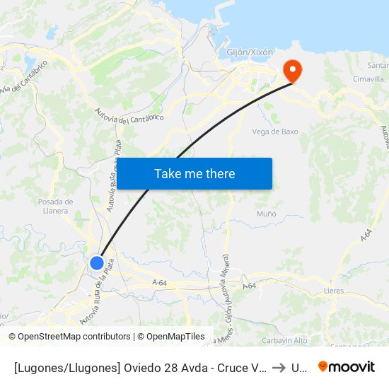 [Lugones/Llugones]  Oviedo 28 Avda - Cruce Viejo [Cta 02075] to Uned map