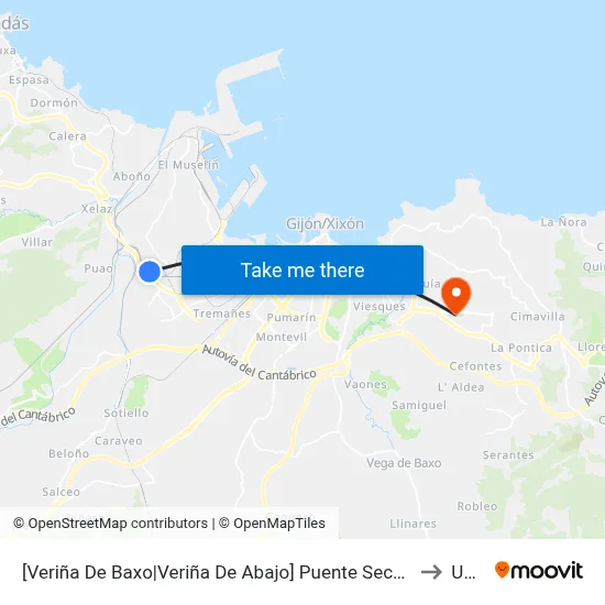 [Veriña De Baxo|Veriña De Abajo]  Puente Seco [Cta 03057] to Uned map