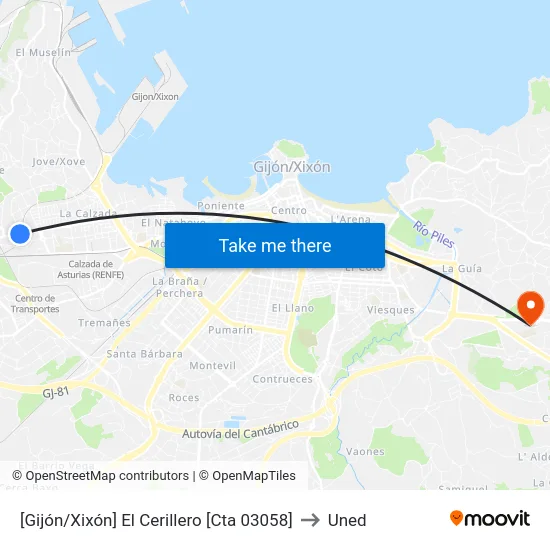 [Gijón/Xixón]  El Cerillero [Cta 03058] to Uned map