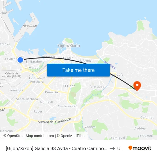 [Gijón/Xixón]  Galicia 98 Avda - Cuatro Caminos [Cta 03061] to Uned map