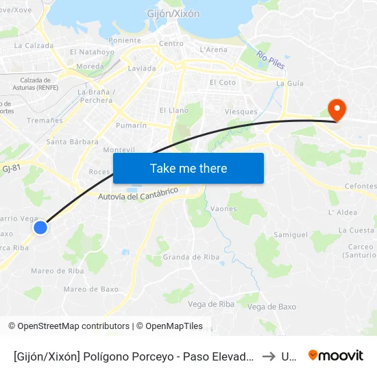 [Gijón/Xixón]  Polígono Porceyo - Paso Elevado [Cta 05500] to Uned map