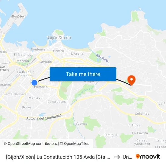 [Gijón/Xixón]  La Constitución 105 Avda [Cta 06444] to Uned map