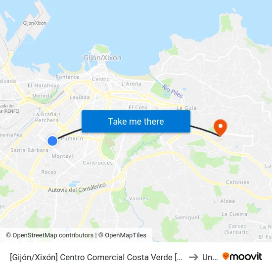 [Gijón/Xixón]  Centro Comercial Costa Verde [Cta 06446] to Uned map