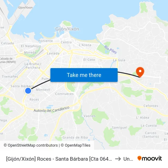 [Gijón/Xixón]  Roces - Santa Bárbara [Cta 06447] to Uned map