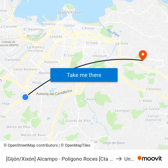 [Gijón/Xixón]  Alcampo - Polígono Roces [Cta 06448] to Uned map