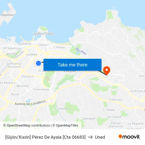 [Gijón/Xixón]  Pérez De Ayala [Cta 06683] to Uned map