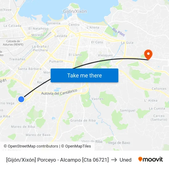 [Gijón/Xixón]  Porceyo - Alcampo [Cta 06721] to Uned map