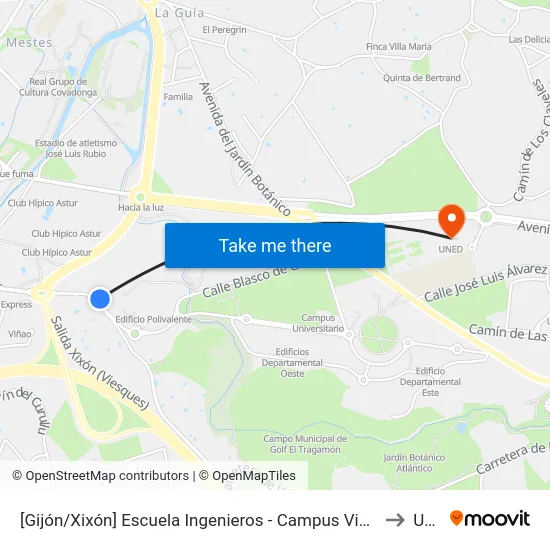 [Gijón/Xixón]  Escuela Ingenieros - Campus Viesques [Cta 06904] to Uned map