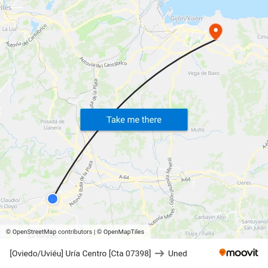[Oviedo/Uviéu]  Uría Centro [Cta 07398] to Uned map