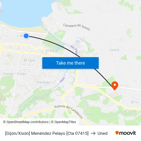 [Gijón/Xixón]  Menéndez Pelayo [Cta 07415] to Uned map