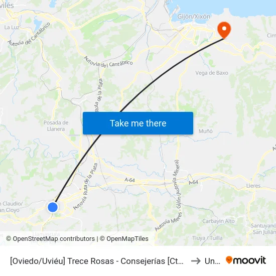 [Oviedo/Uviéu]  Trece Rosas - Consejerías [Cta 07420] to Uned map