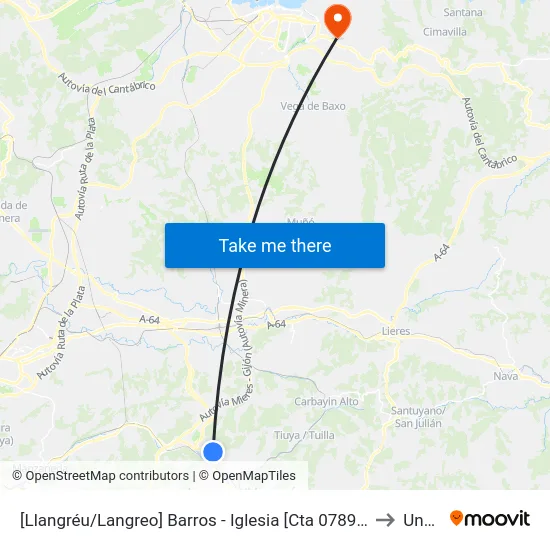 [Llangréu/Langreo]  Barros  - Iglesia [Cta 07896] to Uned map