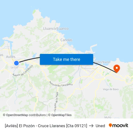 [Avilés]  El Pozón - Cruce Llaranes [Cta 09121] to Uned map
