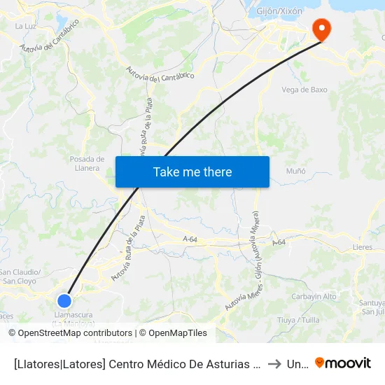 [Llatores|Latores]  Centro Médico De Asturias [Cta 16841] to Uned map