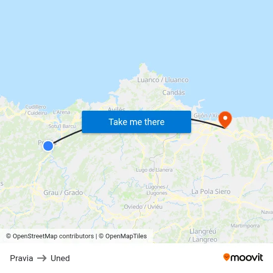 Pravia to Uned map