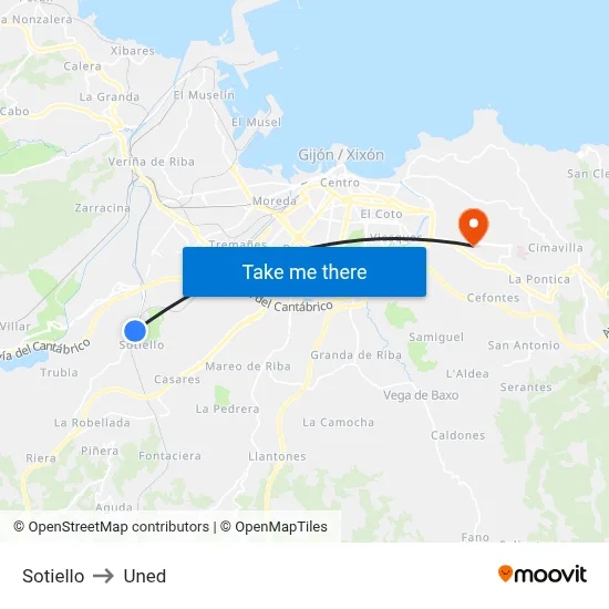 Sotiello to Uned map