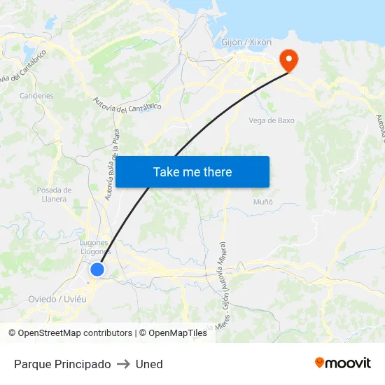 Parque Principado to Uned map