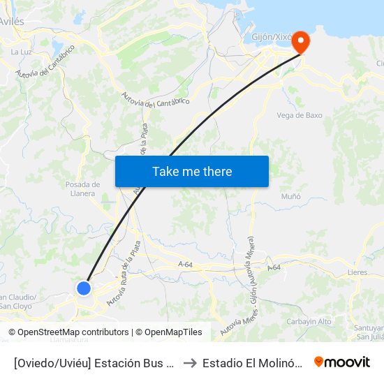 [Oviedo/Uviéu]  Estación Bus Oviedo - Pepe Cosmen [Cta 01549] to Estadio El Molinón-Enrique Castro “Quini” map