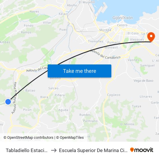 Tabladiello Estación to Escuela Superior De Marina Civil map