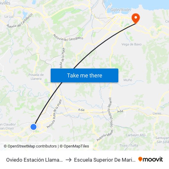 Oviedo Estación Llamaquique to Escuela Superior De Marina Civil map