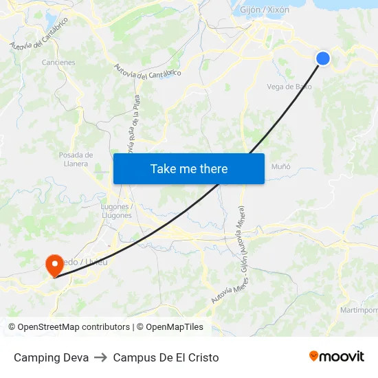 Camping Deva to Campus De El Cristo map