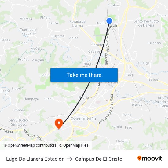 Lugo De Llanera Estación to Campus De El Cristo map