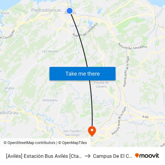 [Avilés]  Estación Bus Avilés [Cta 00161] to Campus De El Cristo map