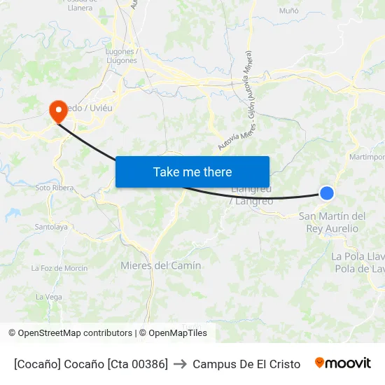 [Cocaño]  Cocaño [Cta 00386] to Campus De El Cristo map