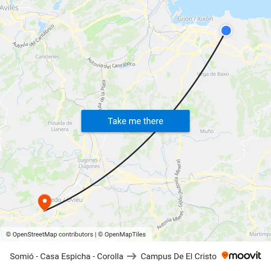 Somió - Casa Espicha - Corolla to Campus De El Cristo map