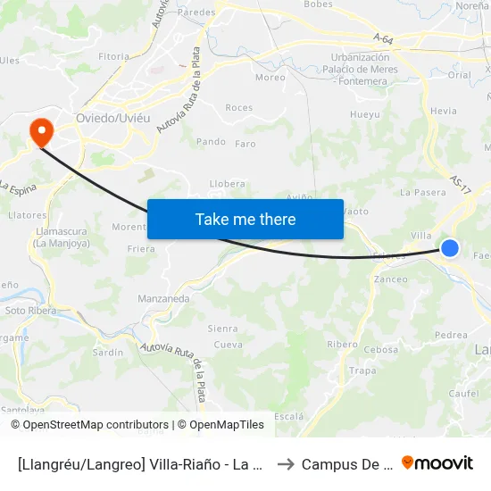 [Llangréu/Langreo]  Villa-Riaño - La Tejerona [Cta 00764] to Campus De El Cristo map