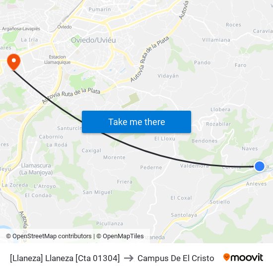 [Llaneza]  Llaneza [Cta 01304] to Campus De El Cristo map