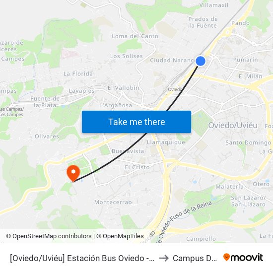 [Oviedo/Uviéu]  Estación Bus Oviedo - Pepe Cosmen [Cta 01549] to Campus De El Cristo map