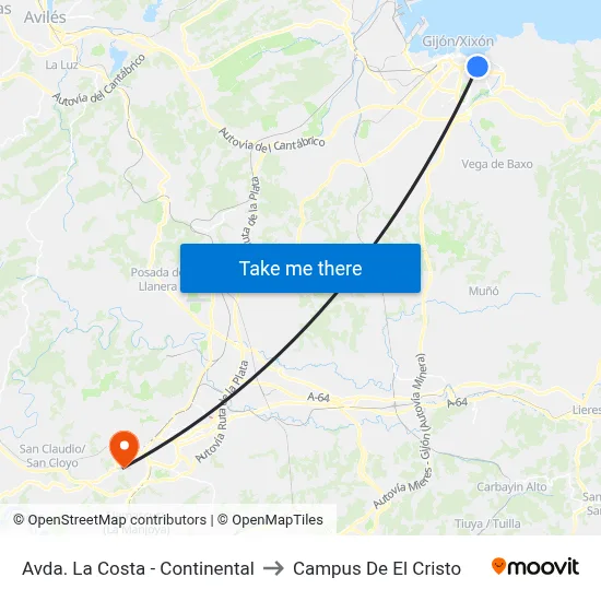 Avda. La Costa - Continental to Campus De El Cristo map