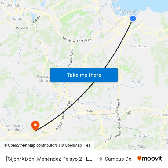 [Gijón/Xixón]  Menéndez Pelayo 2 - Los Campos [Cta 01559] to Campus De El Cristo map