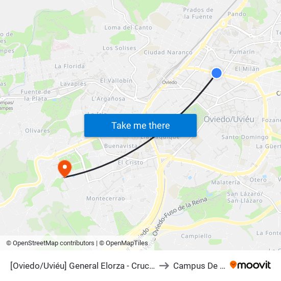 [Oviedo/Uviéu]  General Elorza - Cruce La Lila [Cta 02060] to Campus De El Cristo map