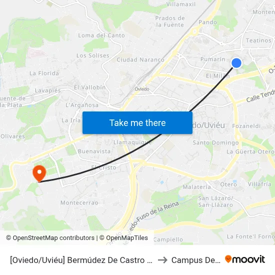 [Oviedo/Uviéu]  Bermúdez De Castro 6 - El Milán [Cta 02069] to Campus De El Cristo map