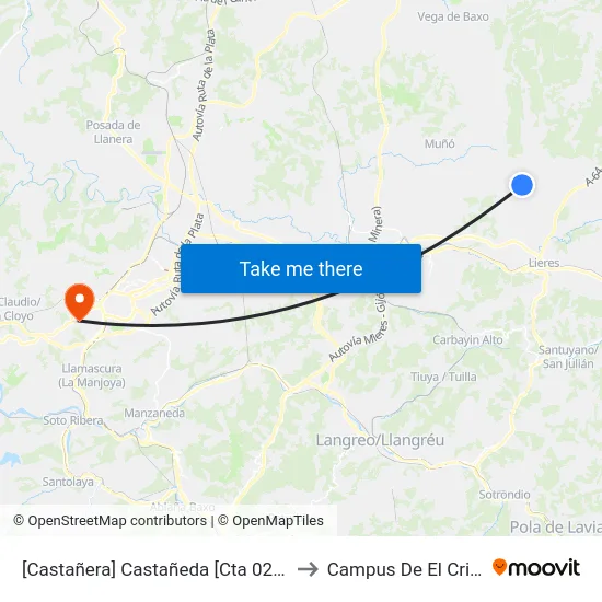 [Castañera]  Castañeda [Cta 02125] to Campus De El Cristo map