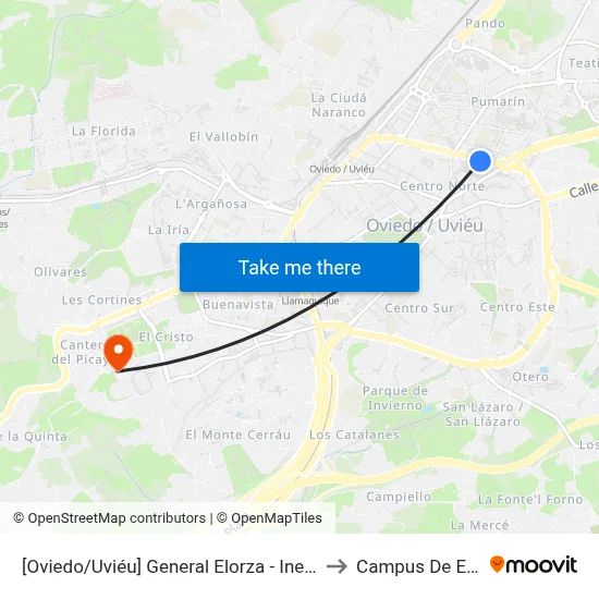 [Oviedo/Uviéu]  General Elorza - Inem [Cta 02287] to Campus De El Cristo map