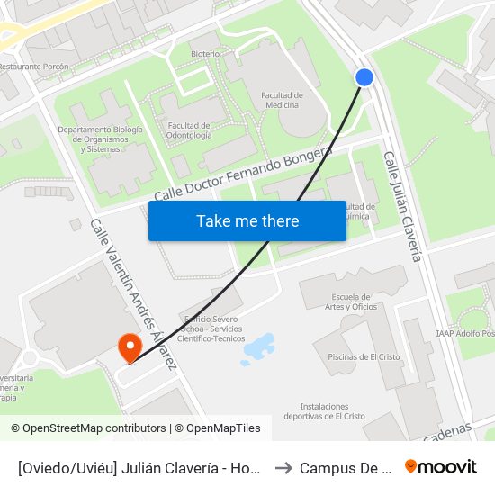 [Oviedo/Uviéu]  Julián Clavería - Hospital [Cta 03630] to Campus De El Cristo map