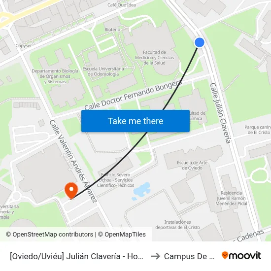 [Oviedo/Uviéu]  Julián Clavería - Hospital [Cta 03630] to Campus De El Cristo map