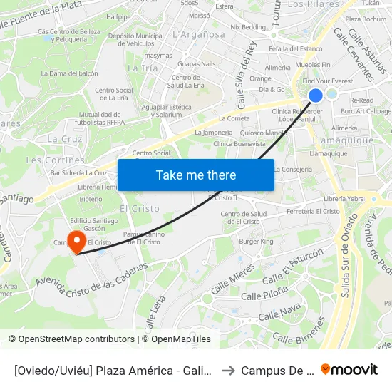 [Oviedo/Uviéu]  Plaza América - Galicia Avda [Cta 07307] to Campus De El Cristo map