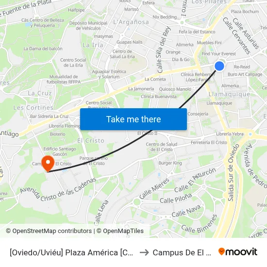 [Oviedo/Uviéu]  Plaza América [Cta 07393] to Campus De El Cristo map