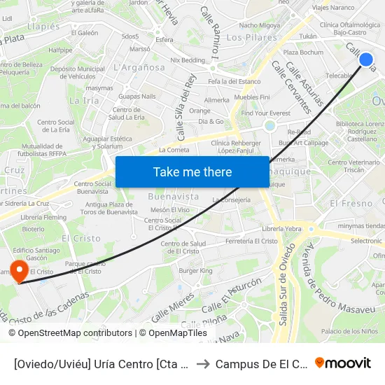 [Oviedo/Uviéu]  Uría Centro [Cta 07398] to Campus De El Cristo map