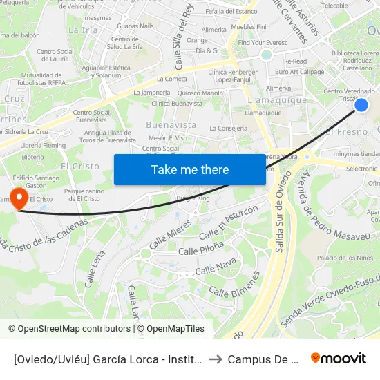 [Oviedo/Uviéu]  García Lorca - Instituto [Cta 07404] to Campus De El Cristo map
