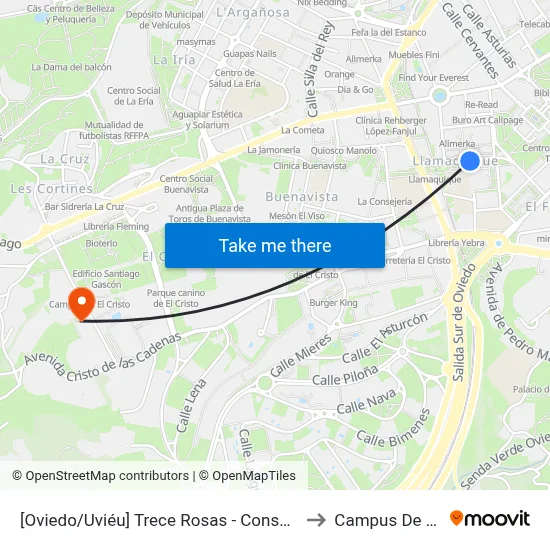 [Oviedo/Uviéu]  Trece Rosas - Consejerías [Cta 07420] to Campus De El Cristo map